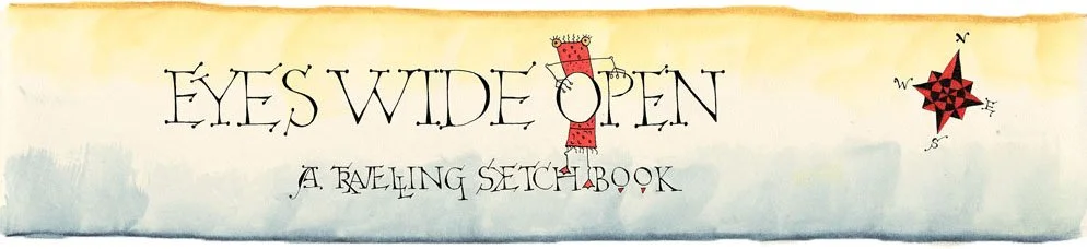Custom calligraphy header that says Eyes Wide Open: A Travelling Sketchbook
