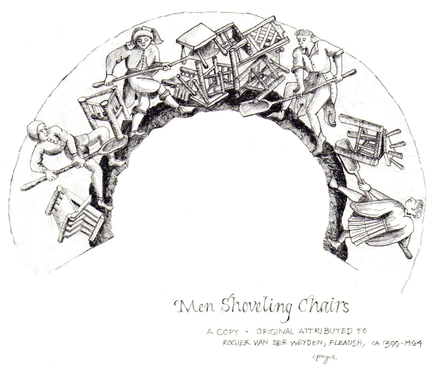 Black & white drawing of Men Shoveling Chairs