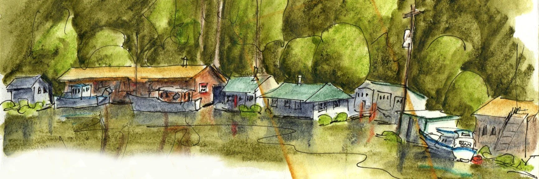 Pen & watercolor sketch of floathouses & houses on the river