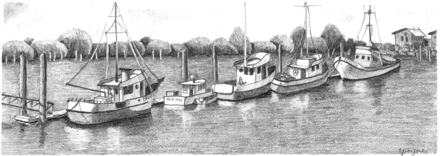 Black & white drawing of fishing boats