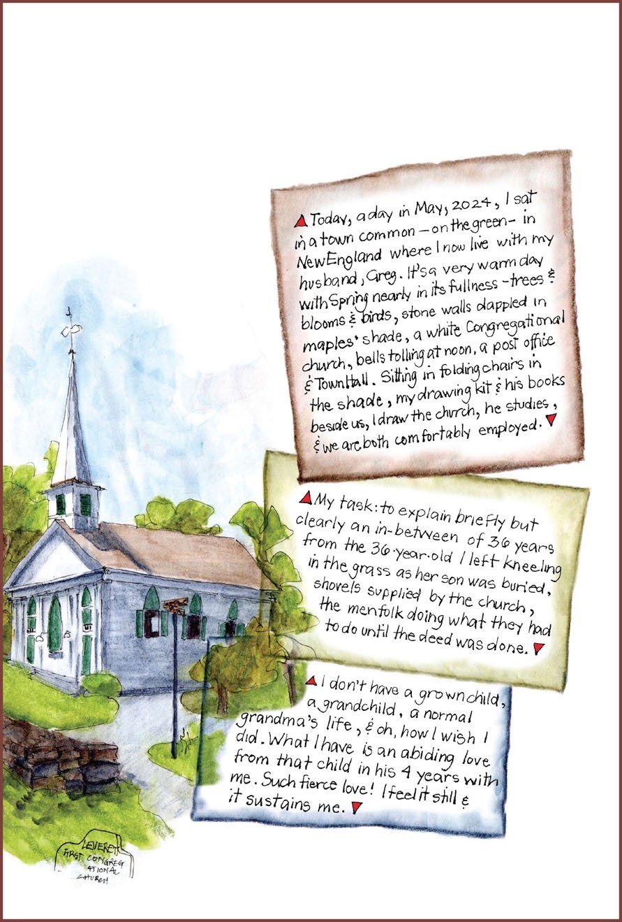 Watercolor drawing of a town common and written paragraphs