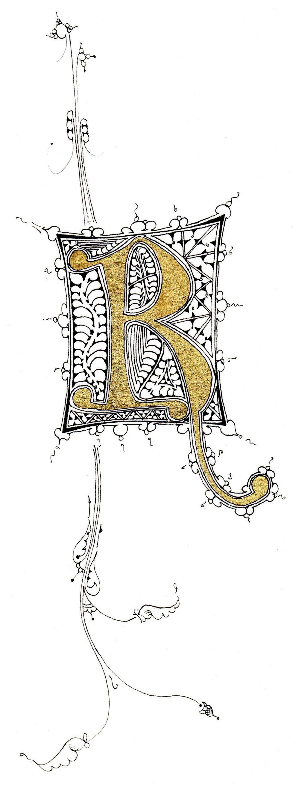 Gold & pen flourished caligraphy R