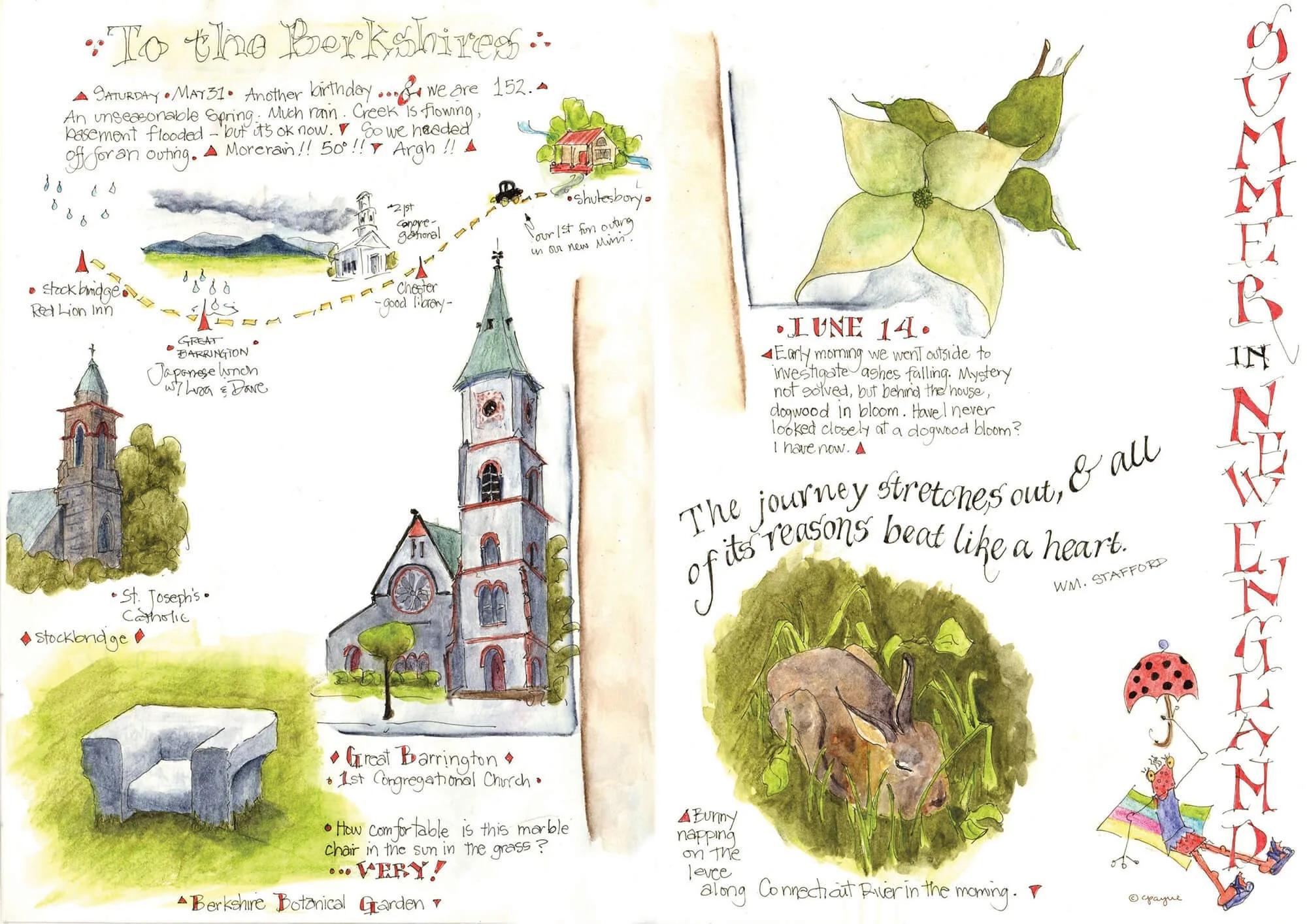 Page of the graphic memoir that has calligraphy titles of To the Berkshires and Summer in New England, there's steeples, flowers, etc. 