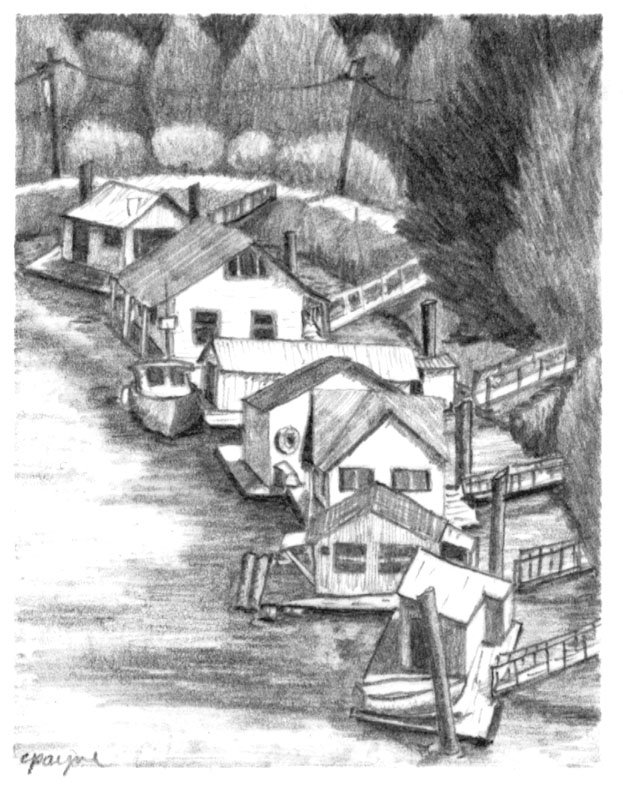 Black & white drawing of floathouses