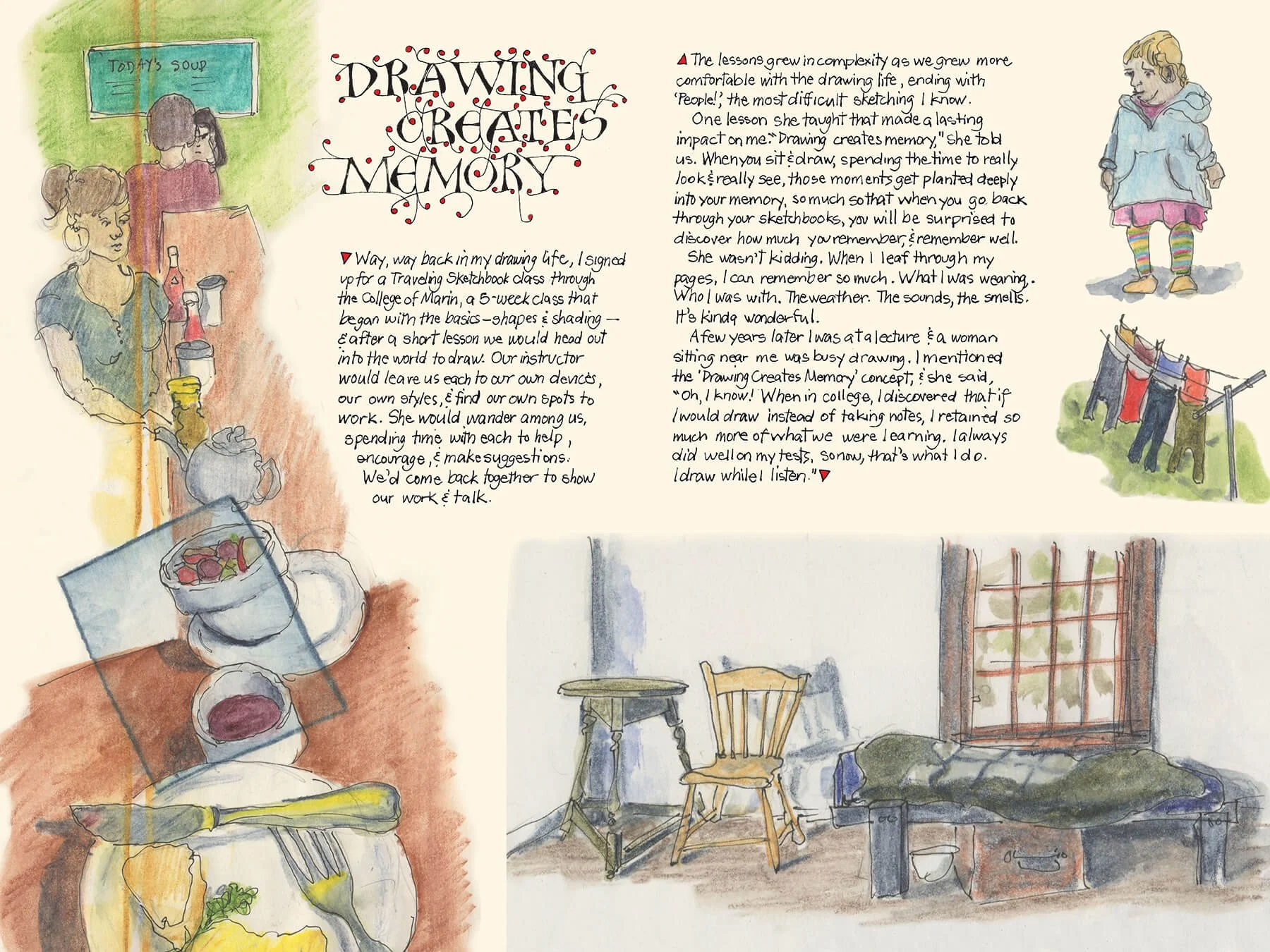 Page of the graphic memoir with windows, illustrations, the quote says Drawing Creates Memory