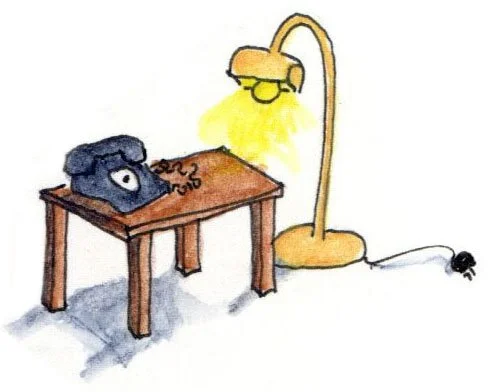 Pen & watercolor drawing of phone on a table with a floor lamp