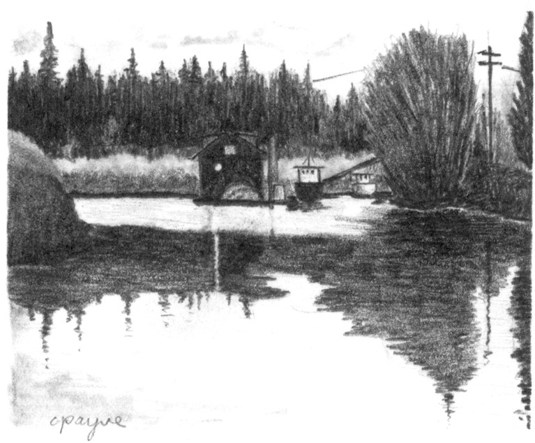 Drawing of river view in black & white