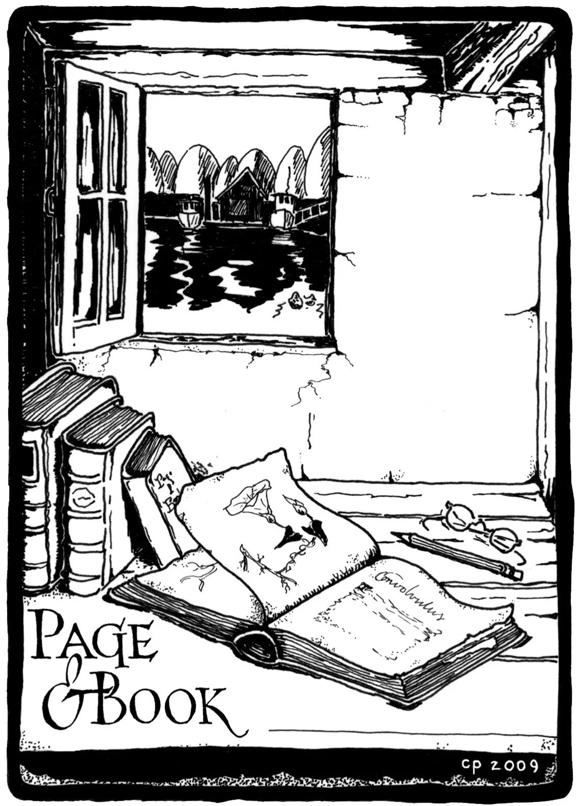 Pen & ink drawing of window & books - it says Page & Book