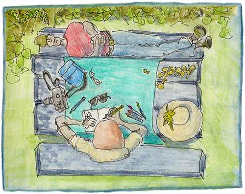 watercolor drawing overhead of a picnic
