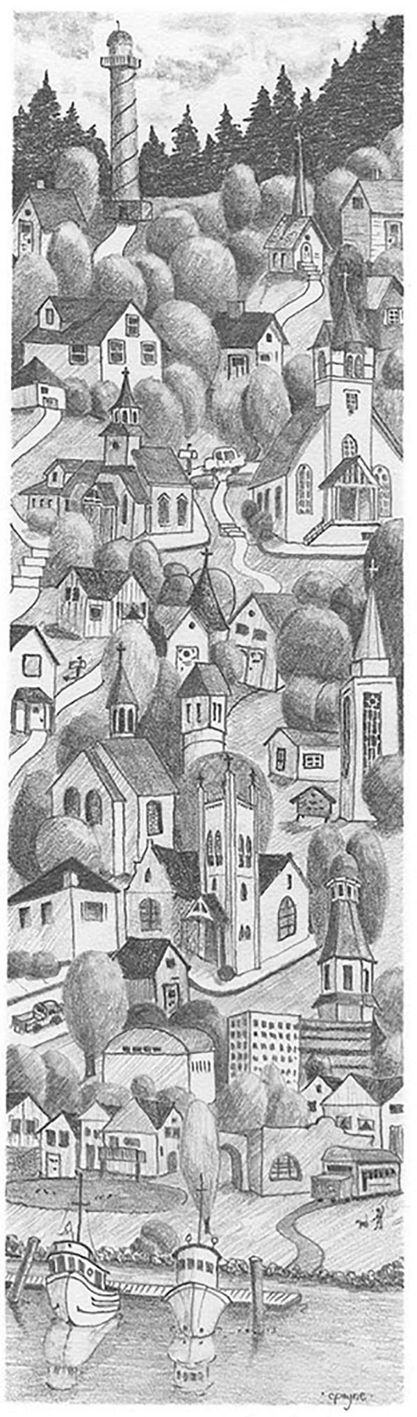 Black & white drawings of masts, steeples & spires