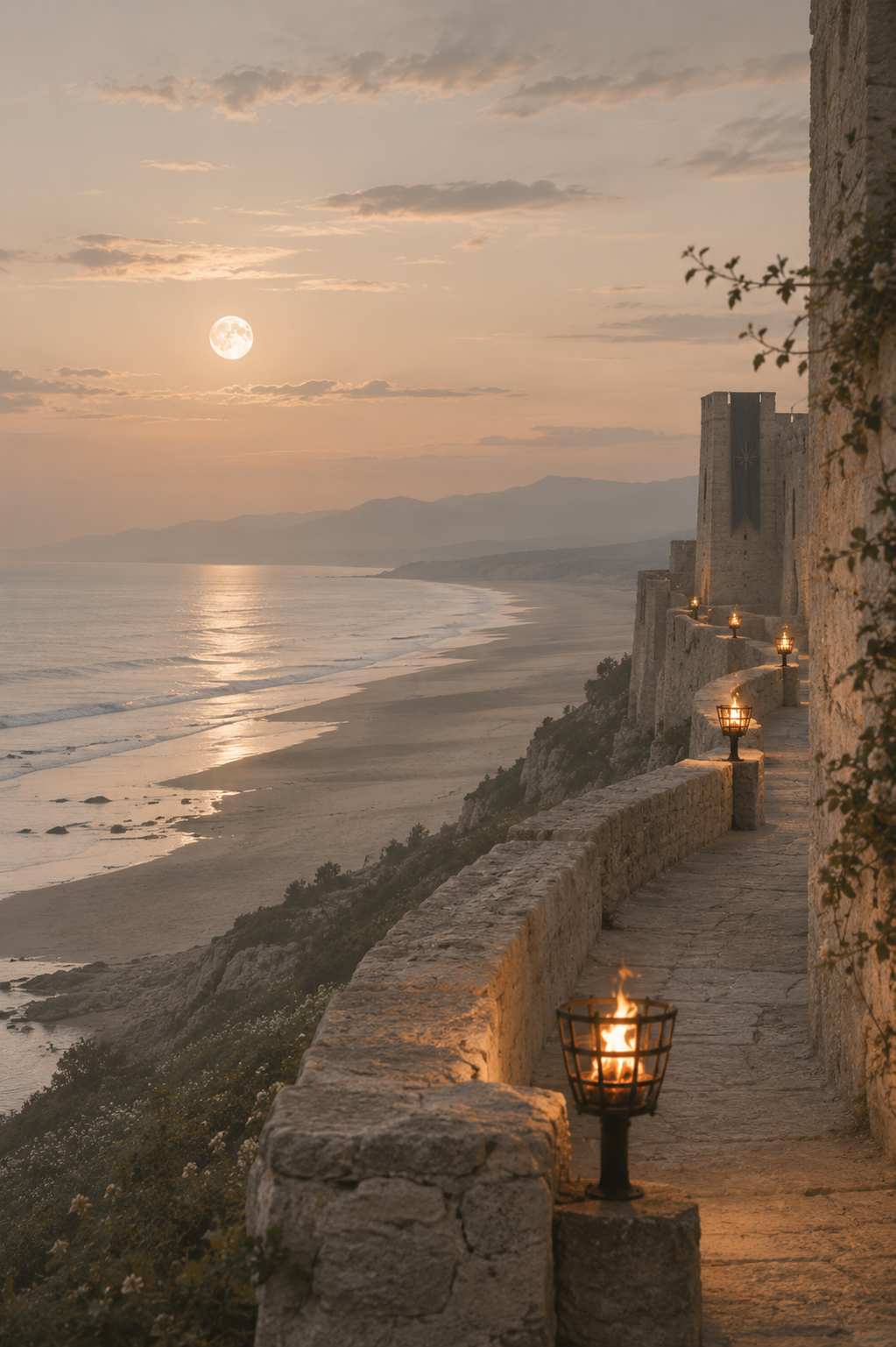 Sunset over a coastal castle wall with torches along the walkway, overlooking the ocean and distant mountains.