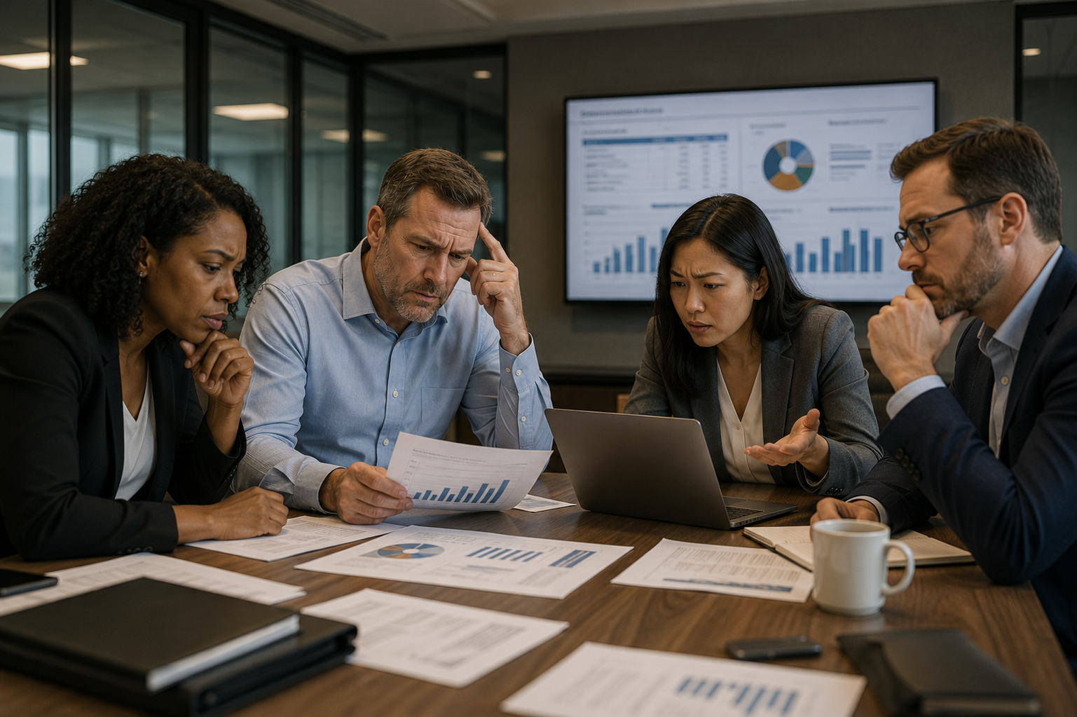 Five business professionals, three women and two men, are seated around a conference table in a meeting room, looking at documents and a laptop with serious expressions, with charts and graphs displayed on screens in the background.