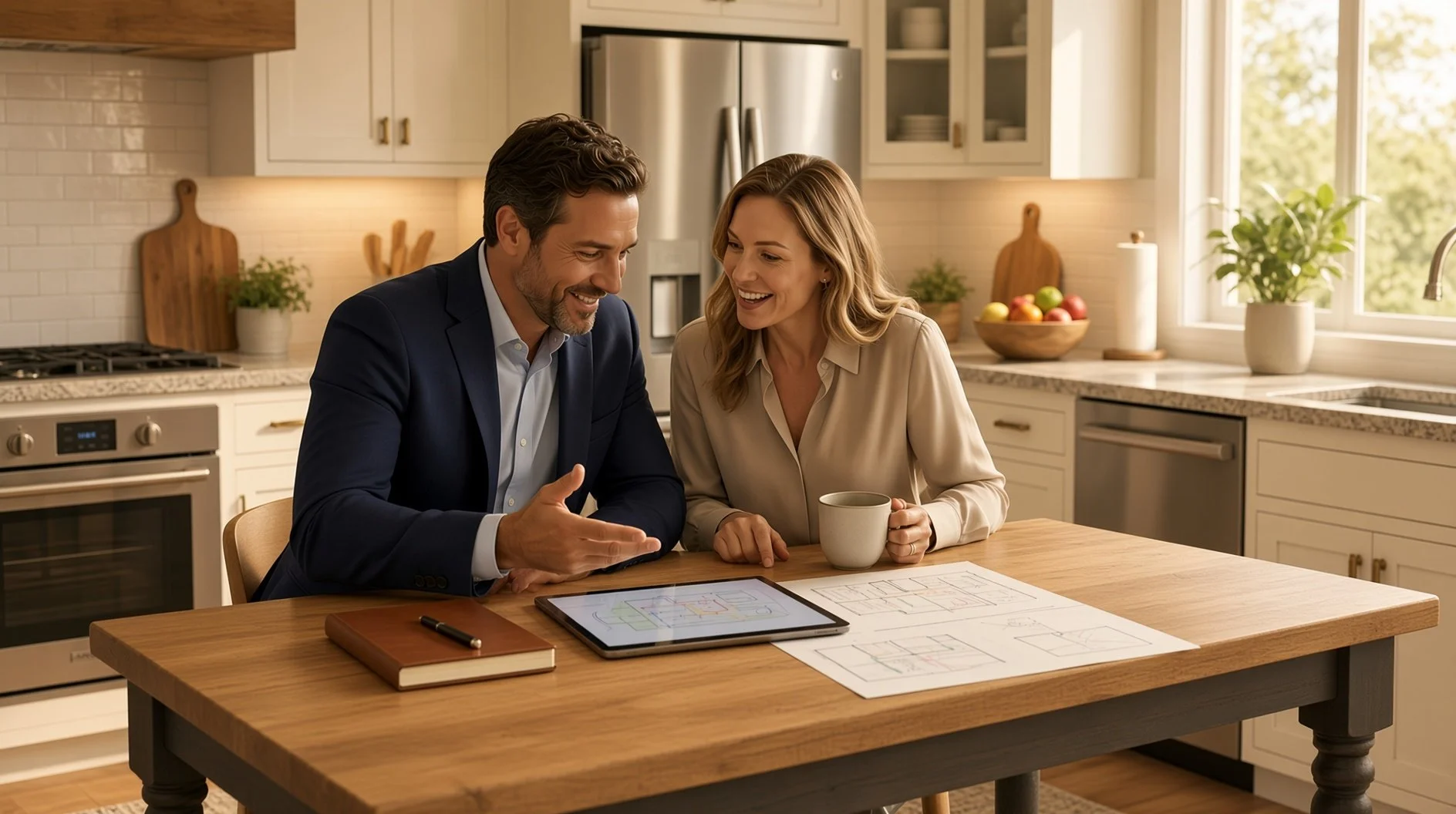 A man and woman are sitting at a kitchen table, smiling and looking at a tablet with floor plans. The woman holds a mug. The kitchen has white cabinets, a refrigerator, some potted plants, and a window letting in natural light.