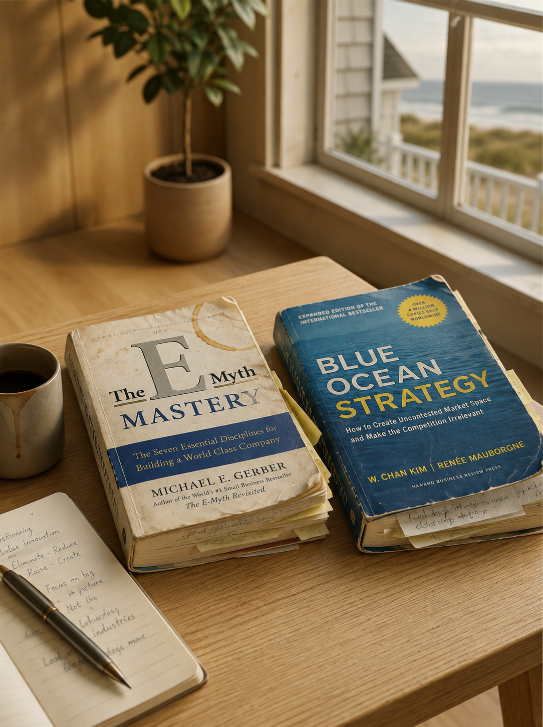 A wooden desk with a cup of black coffee, a stack of notes with a pen, and two books titled "The E Myth Mastery" and "Blue Ocean Strategy" by W. Chan Kim and Renée Mauborgne. A potted plant is near a large window overlooking a beach scene.