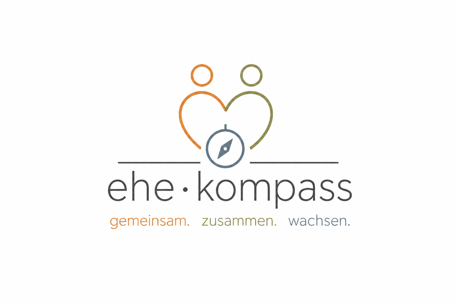 Das Logo zeigt zwei stilisierte Figuren, die eine herzförmige Linie bilden, darunter ein Kompass. Der Text darunter lautet 'ehe·kompass' mit den Worten 'gemeinsam.', 'zusammen.', 'wachsen.' in verschiedenen Farben.