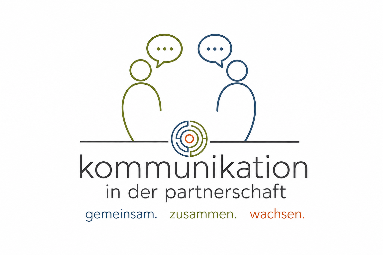 Grafik zeigt zwei stilisierte Figuren, die sich gegenüberstehen, mit Sprechblasen. Darunter ist ein Symbol aus konzentrischen Kreisen. Text darunter liest: "kommunikation in der partnerschaft" mit den Worten "gemeinsam. zusammen. wachsen." darunter in Farben.