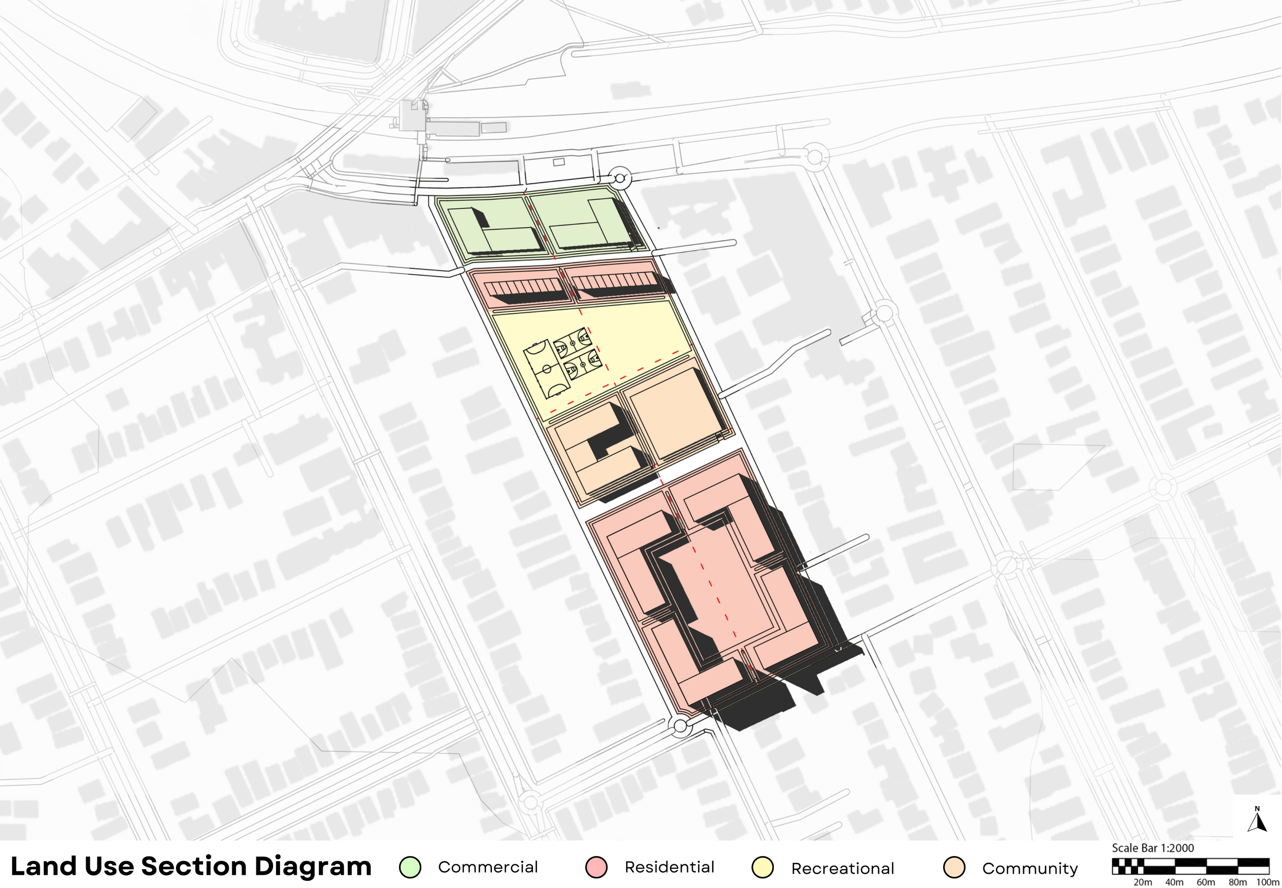 Land use diagram, employing different colours to differentiate between functions of different infrastructure