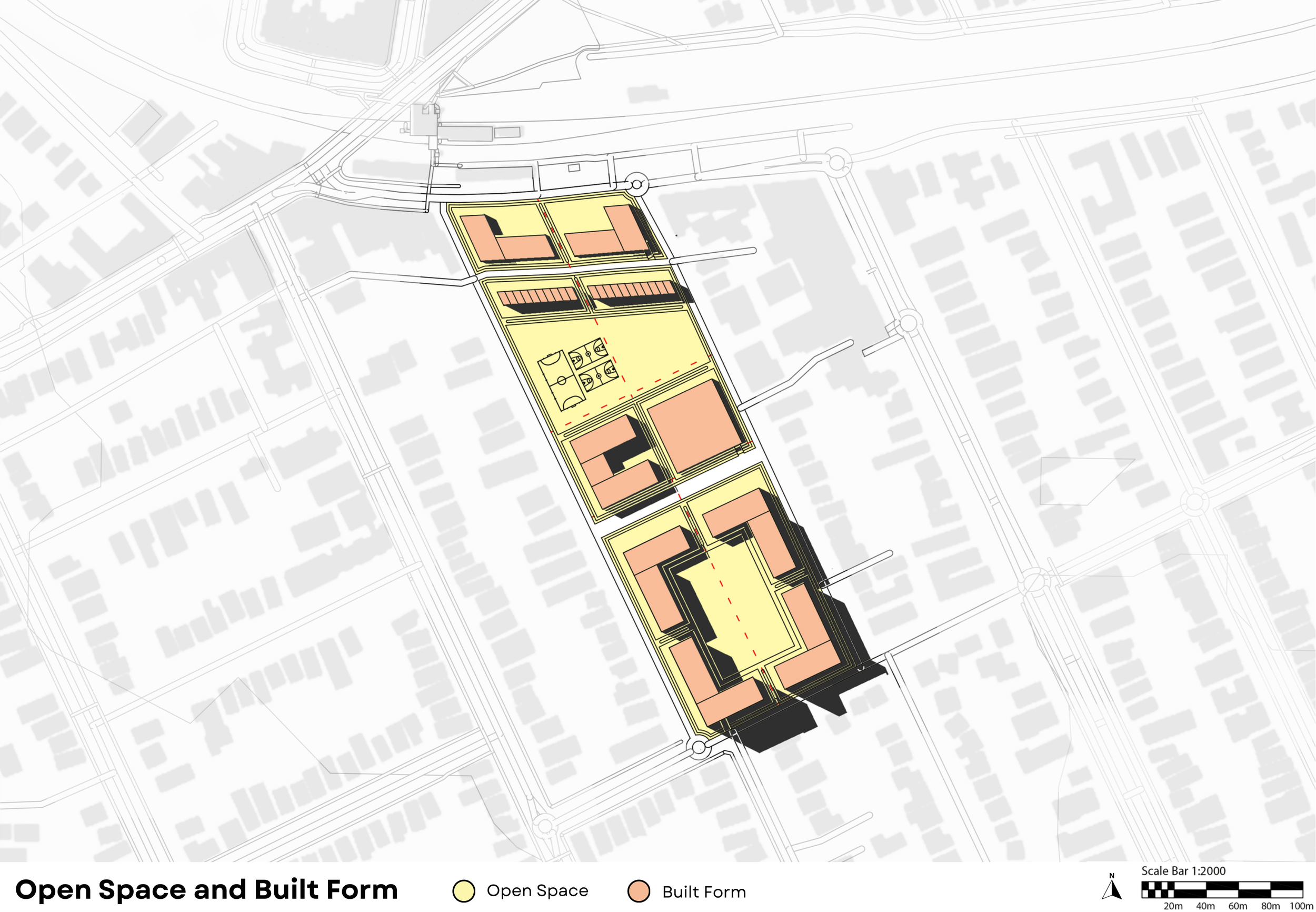 Diagram depicts the relationship between open space and built form, showing a stark difference to the original site