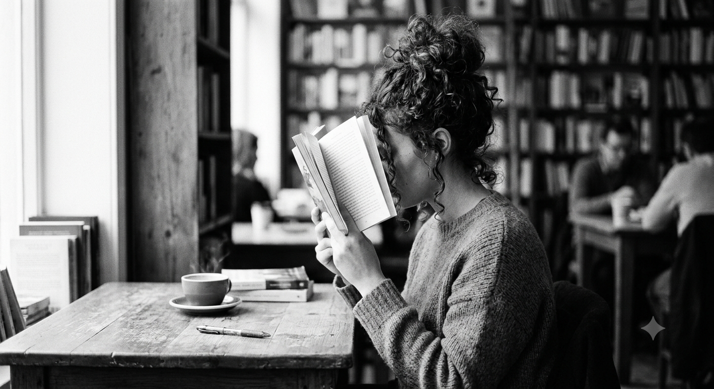 A woman with curly hair sitting at a wooden table in a library, reading a book with shelves filled with books in the background, black and white photo.