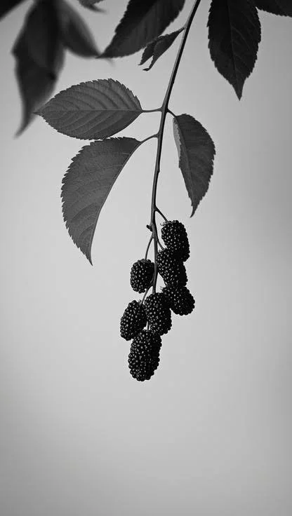 Black and white photo of a branch with a cluster of ripe blackberries and several leaves.