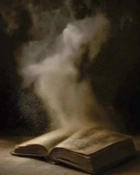 Open book with vapor rising from its pages in a dark setting.