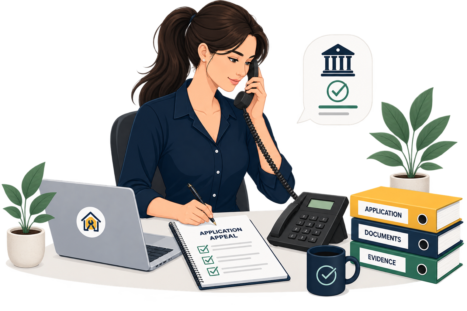 Illustration of a woman at a desk talking on the phone, with a laptop, documents labeled Application Appeal, stacks of binders labeled Application, Documents, Evidence, and potted plants.