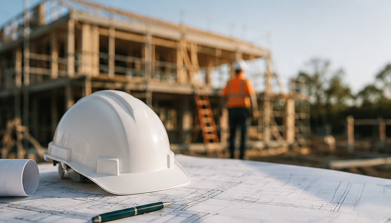 Construction site with a white safety helmet, blueprints, and a pen in the foreground; a worker wearing an orange safety vest and helmet stands near a partially built wooden structure in the background.