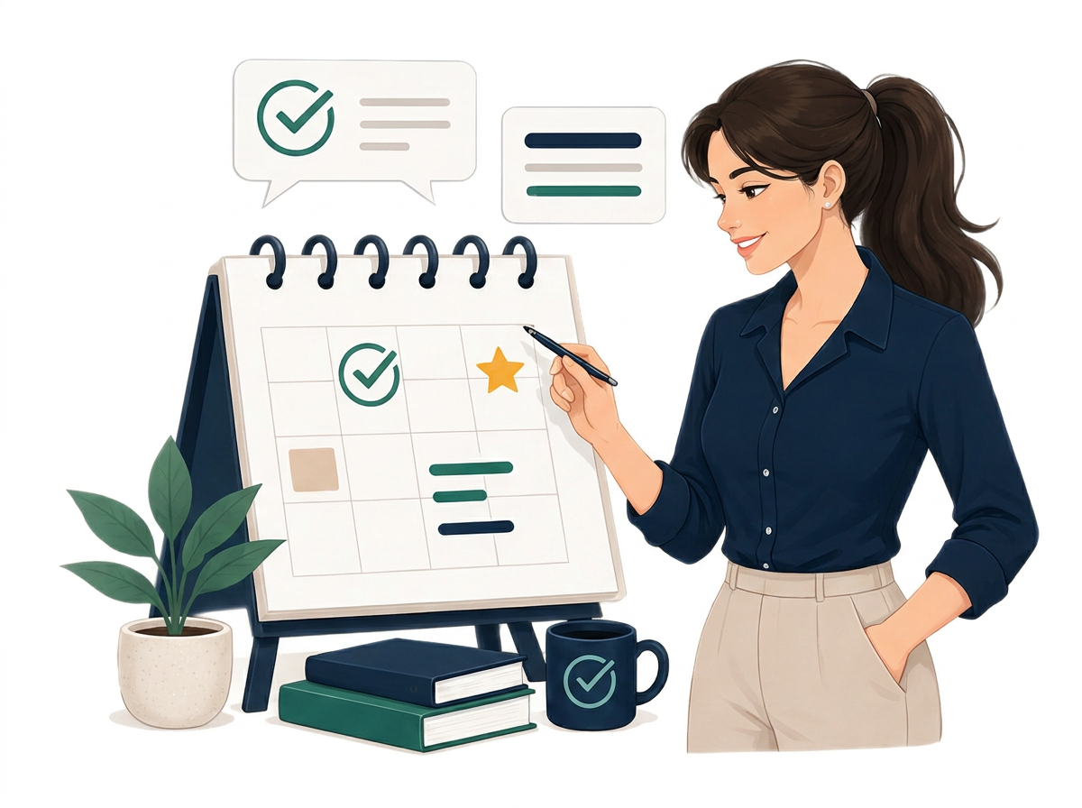 A woman writing on a desk calendar, surrounded by books, a coffee mug, and a potted plant, with speech bubbles showing checkmarks and lines, indicating organization or planning.