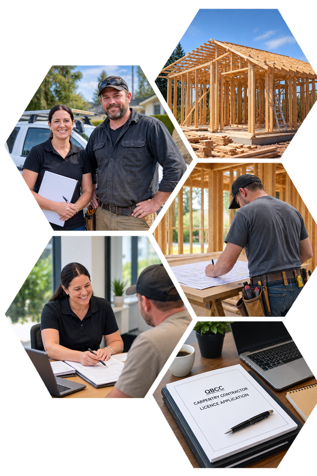 A collage of images showing a construction project. The first image features two contractors, a woman and a man, smiling outdoors near a vehicle, holding documents and wearing work clothes. The second image displays a wooden house frame under construction with a ladder leaning against it. The third image shows a man working on blueprints inside the wooden framework. The fourth image depicts a woman and a man in a meeting discussing plans, with a laptop and documents on the table. The fifth image shows a stack of contractor licensing application forms, a pen, a laptop, and a cup of coffee on a desk.