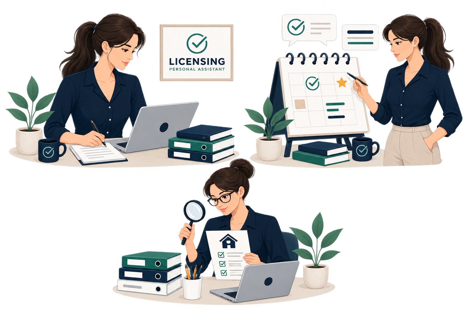 Illustration of three women working in an office. One woman is sitting at a desk with a laptop, taking notes with a mug and plants nearby. Another woman stands at a whiteboard, marking items on a calendar, with books and plants on the desk. The third woman, wearing glasses, examines a document with a magnifying glass, surrounded by more books and a laptop.