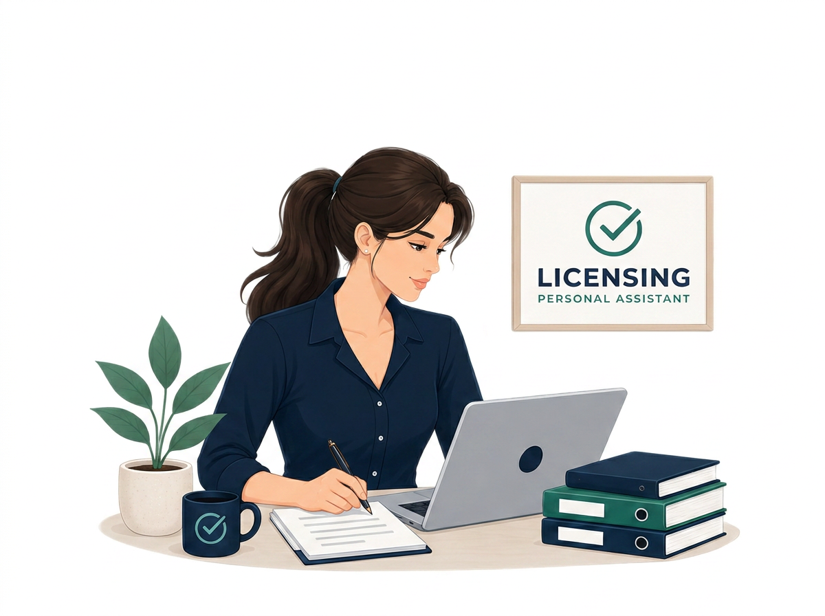 A woman working at a desk with a laptop, pens, notebooks, a mug, and a plant, with a sign behind her that reads 'Licensing Personal Assistant' and features a checkmark.