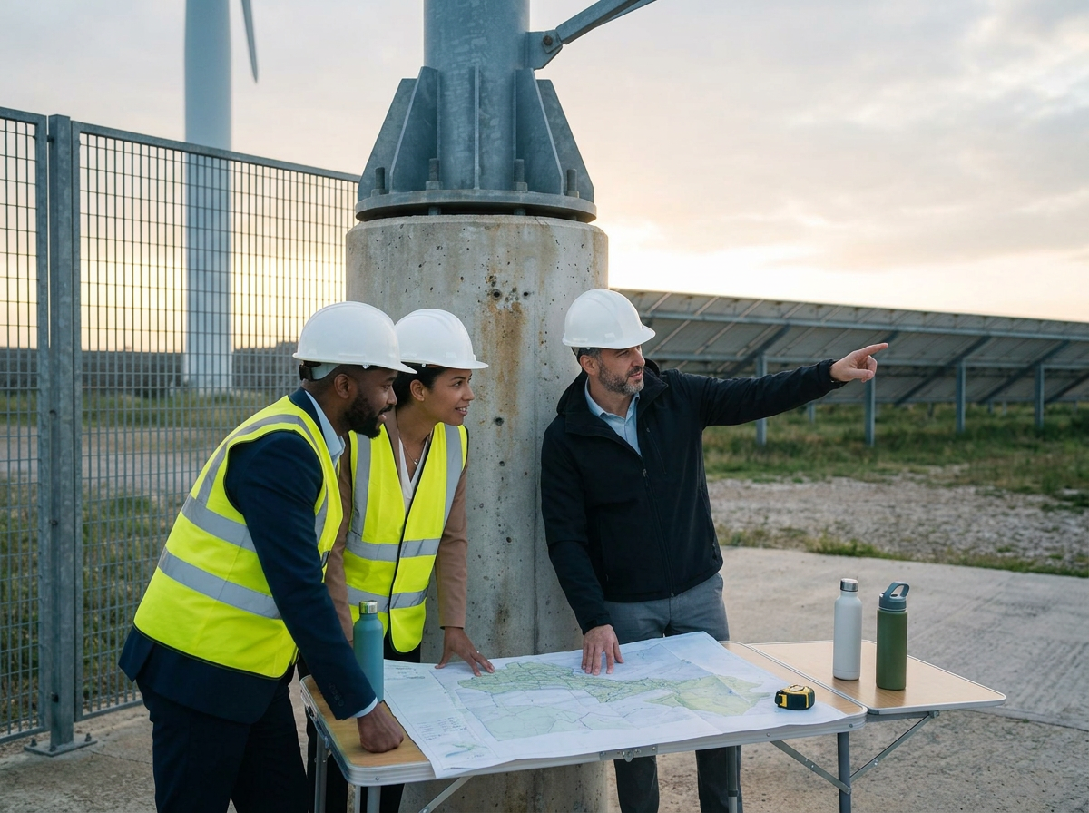 Three engineers wearing safety helmets and reflective vests viewing blueprints on a table at an outdoor renewable energy site with wind turbines and solar panels in the background during sunset.