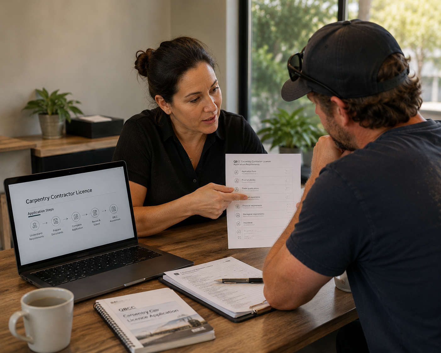A woman is explaining a document to a man in a casual office setting, with a laptop, pamphlets, and a coffee mug on the table.