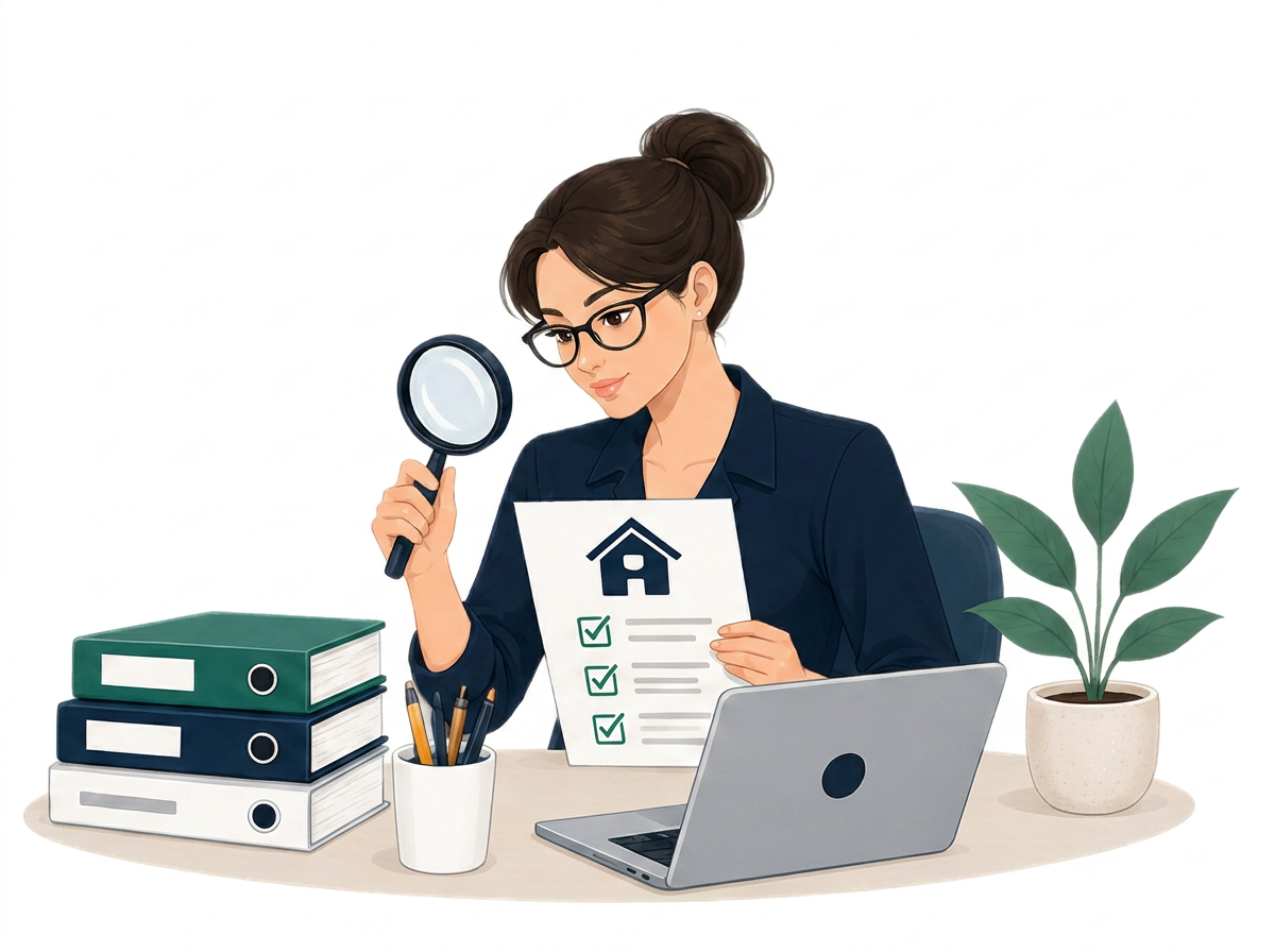 An woman with glasses examining a checklist with a magnifying glass, sitting at a desk with folders, pens, a laptop, and a potted plant.