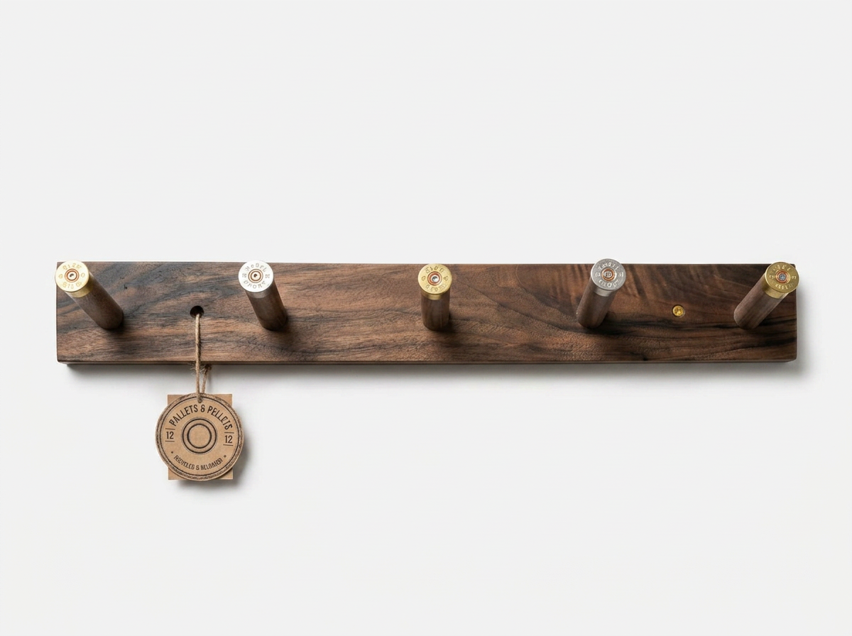 Wooden rack with five shotgun shells and a tag hanging from the second shell, which reads '12 Palletts & Pellets'.
