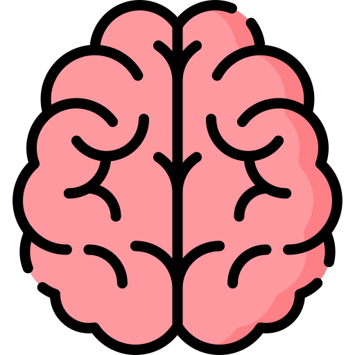 A pink illustration of a human brain with a black background.