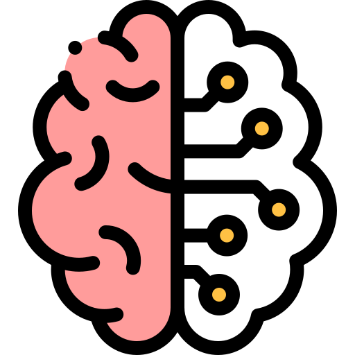 A stylized illustration of a brain divided into two halves, with the left side representing a human brain in pink and the right side depicting a digital or technological brain in white with connected nodes.