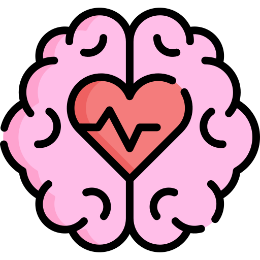 A stylized illustration of a pink brain with a red heart in the center, featuring an electrocardiogram line inside the heart.
