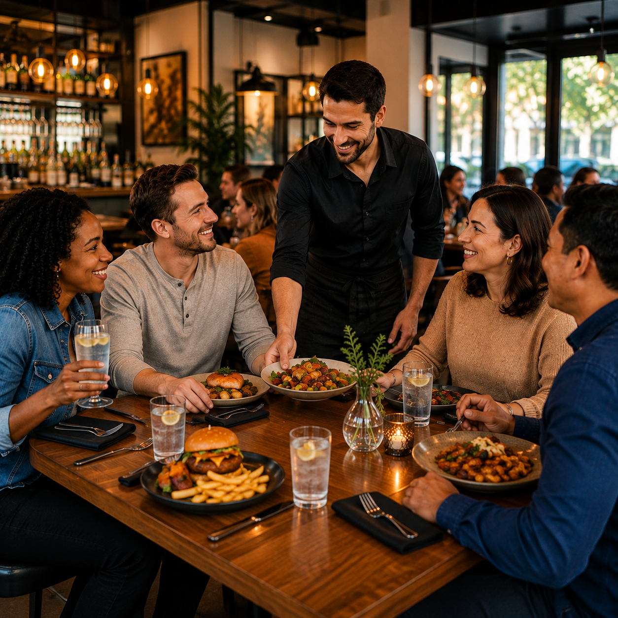 happy guests and smiling server