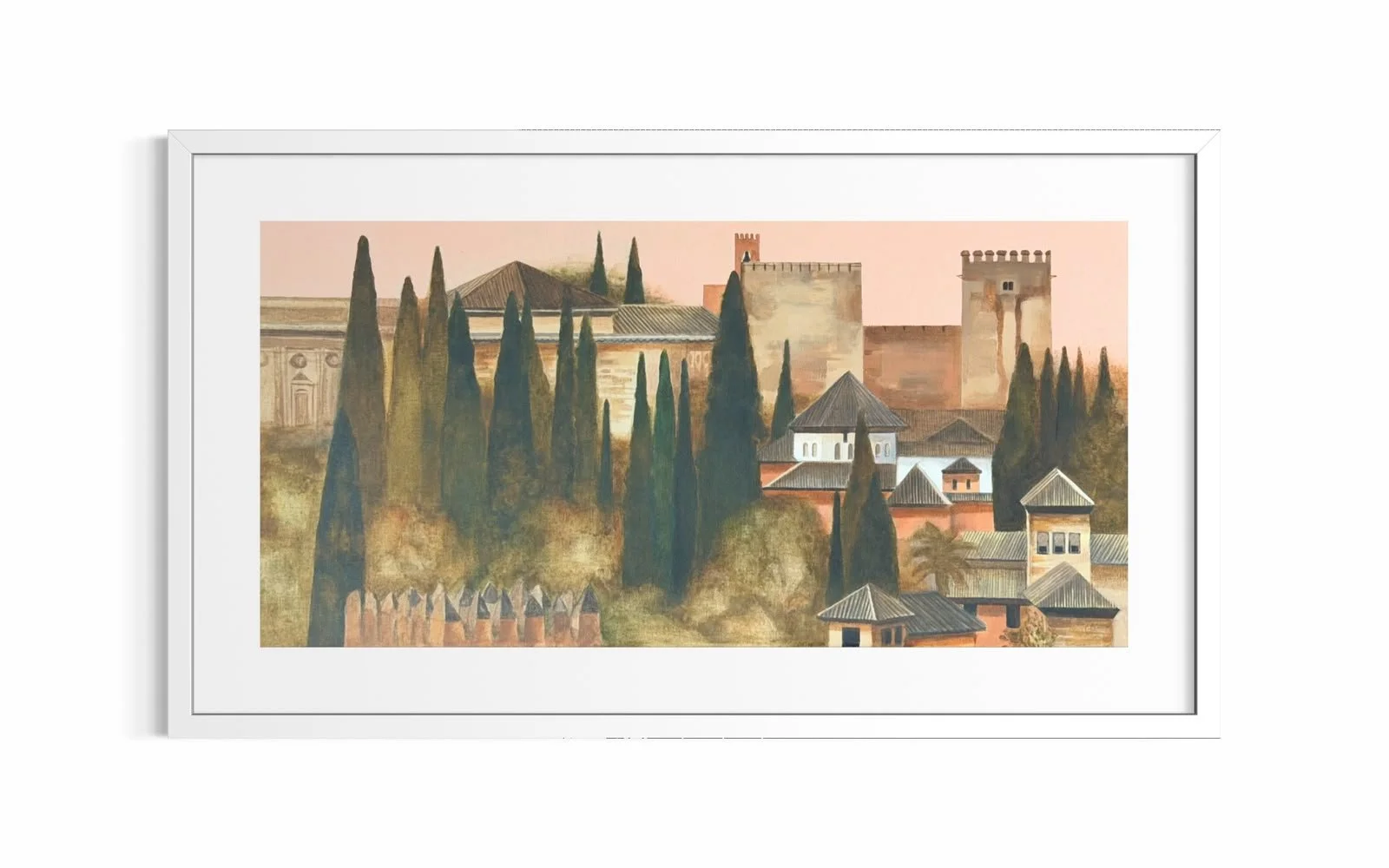 Litografía Alhambra con cielo rosado