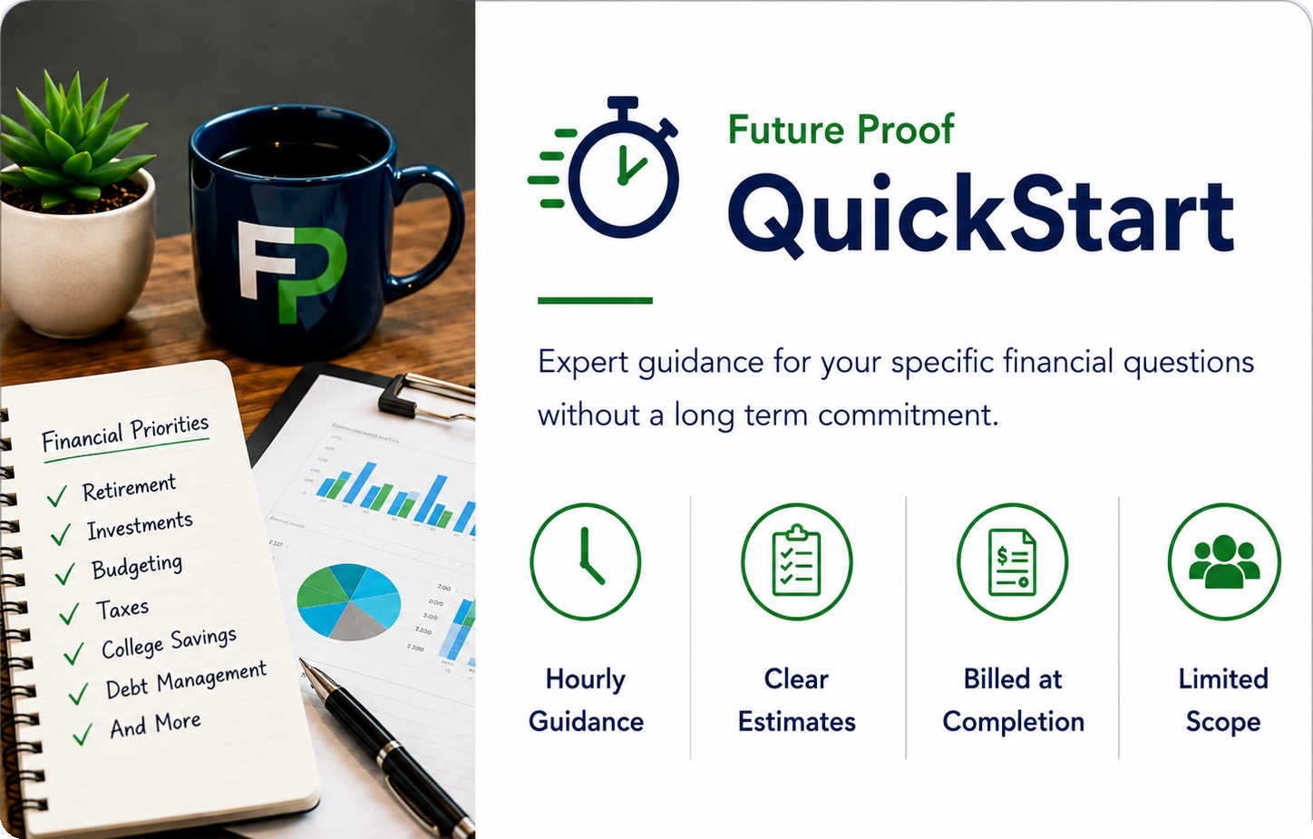 QuickStart: Future Proof QuickStart, hourly guidance for a specific financial question, with clear estimates, billing at completion and limited scope.
