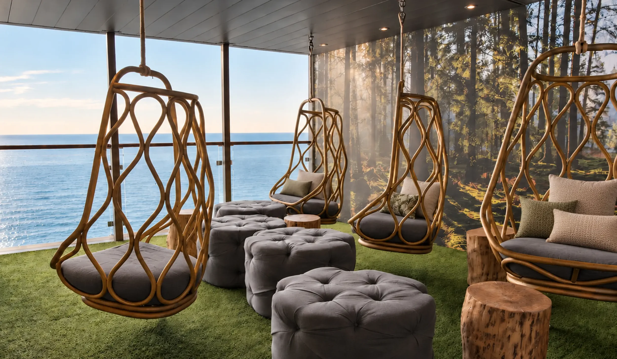 Gold hanging relaxation pods overlooking the sea, with natural timber tables and a forest-inspired backdrop.
