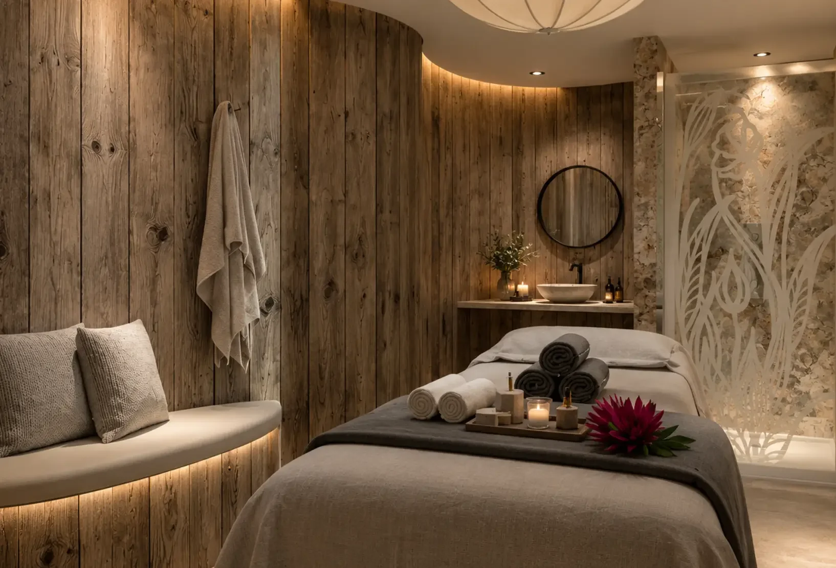 Rose Spa treatment room designed with warm timber and natural materials