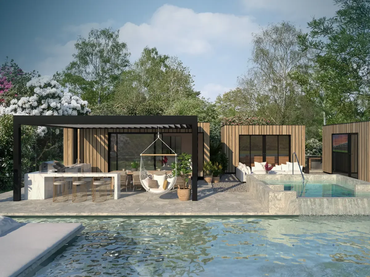 Luxury spa garden with outdoor sauna, pool and wellness facilities designed by Alfrespa