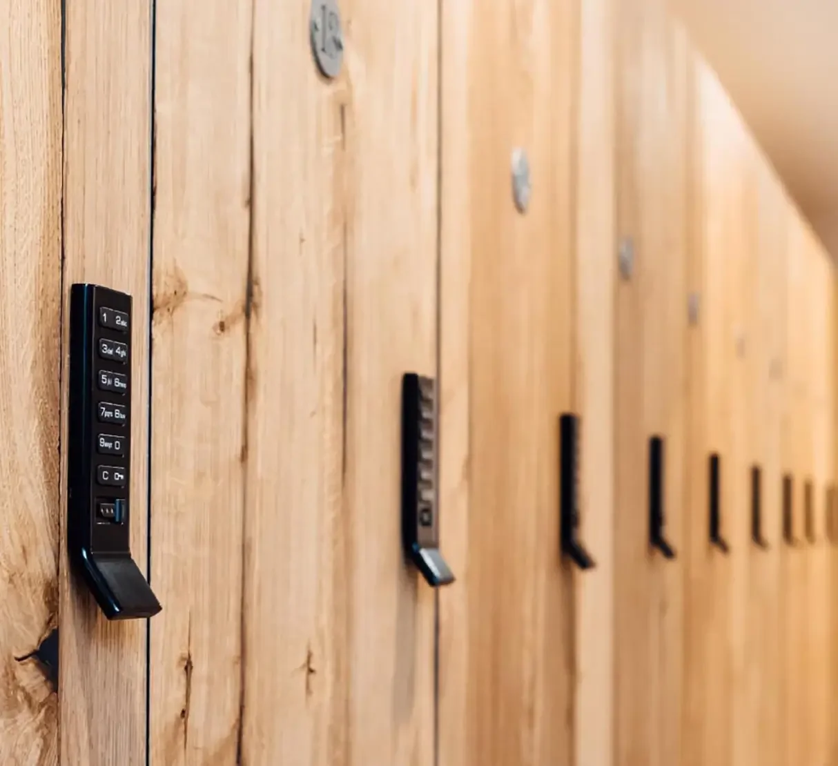 Custom-made timber-fronted lockers designed for the Silverlake Spa changing rooms.
