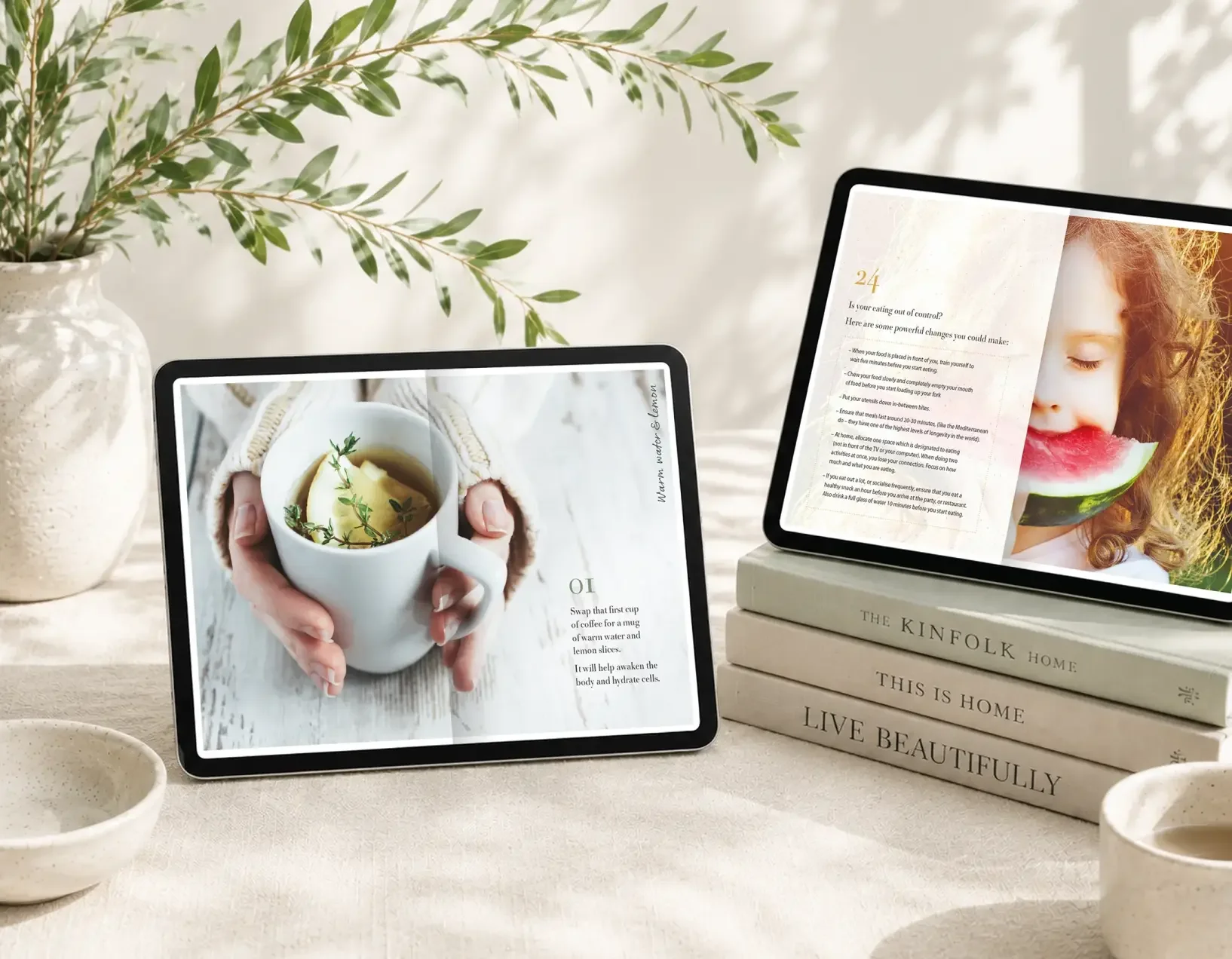 Homefield Grange digital health and wellness booklet displayed on a tablet, showcasing branded content created for the retreat’s newsletter subscribers.