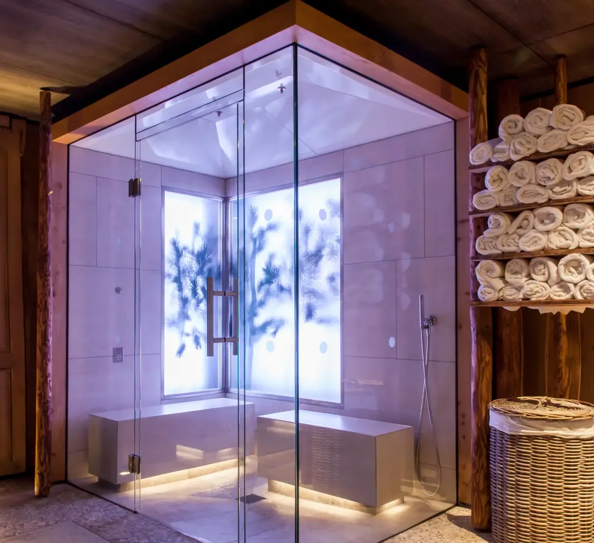 Pine-infused aroma steam room inspired by the surrounding woodland