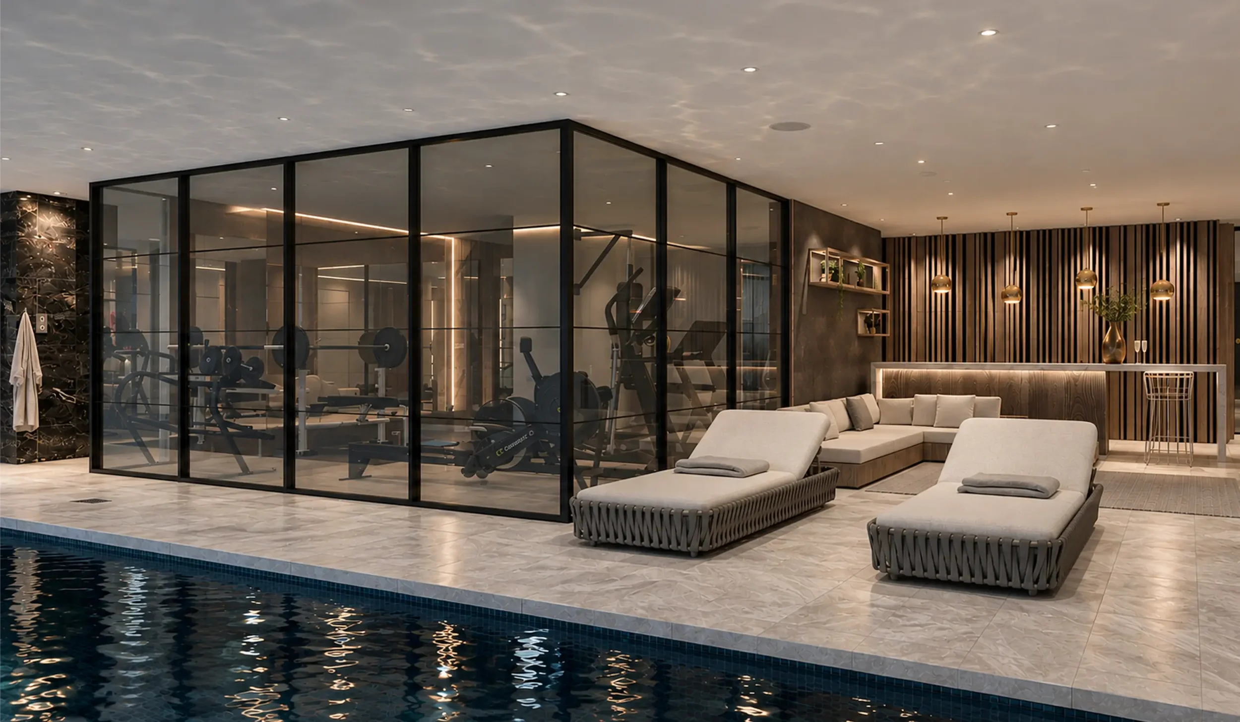 Private spa interior featuring a fully glazed gym overlooking the indoor swimming pool, with poolside loungers and a contemporary relaxation area with bar.