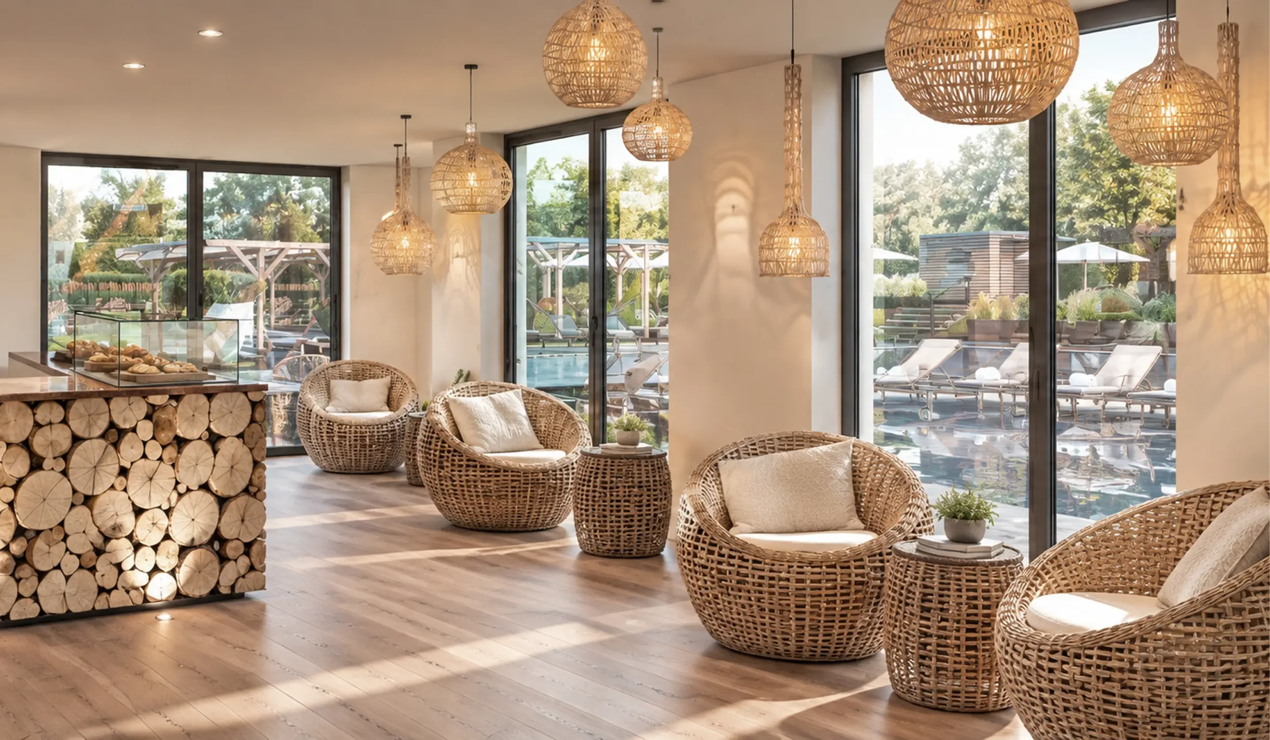Lower Mill Estate Spa café and relaxation area overlooking the outdoor pool with woven seating and natural finishes.