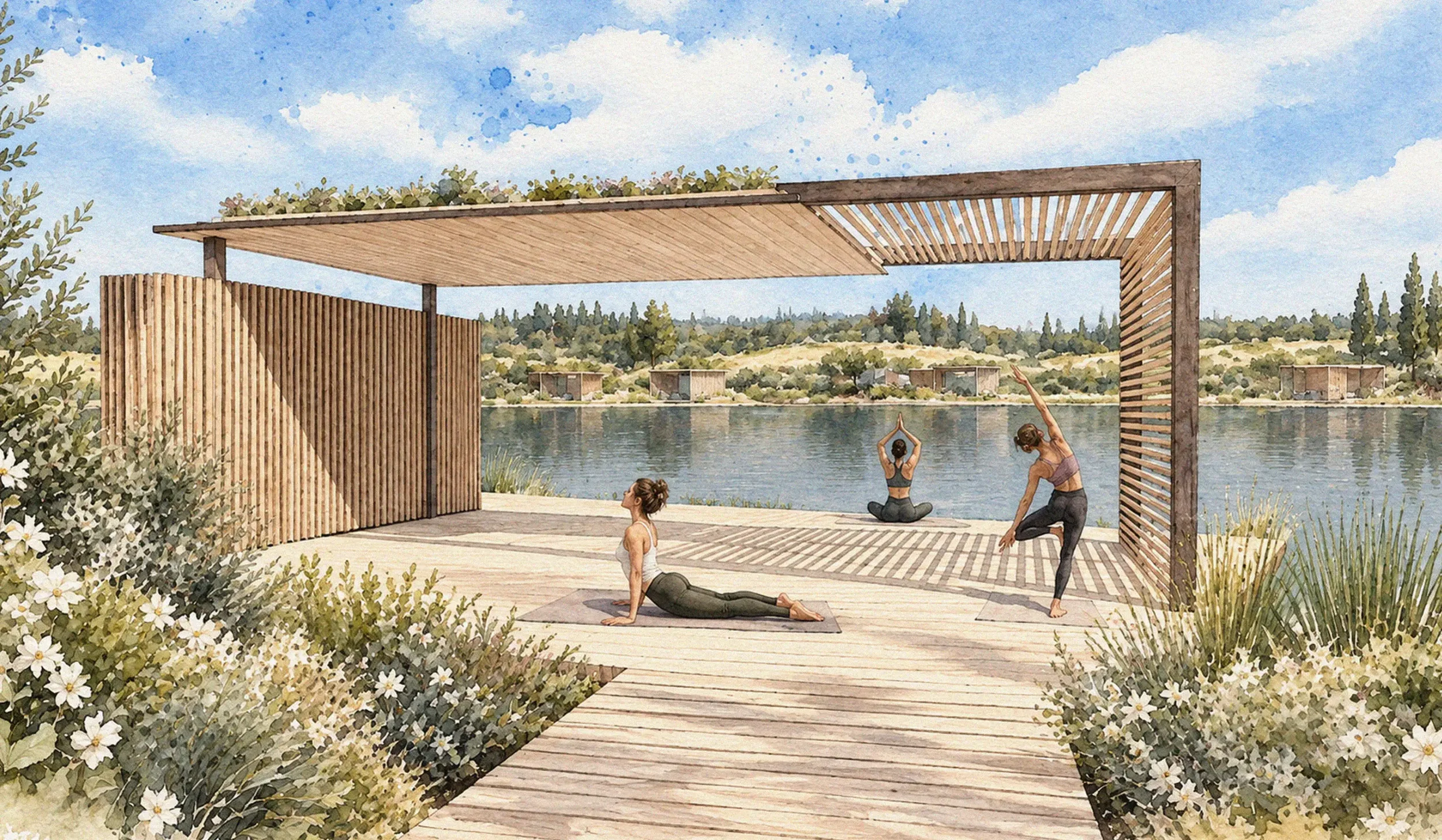 Watercolour concept of an open-air lakeside yoga and movement pavilion within the proposed Silverlake spa garden.